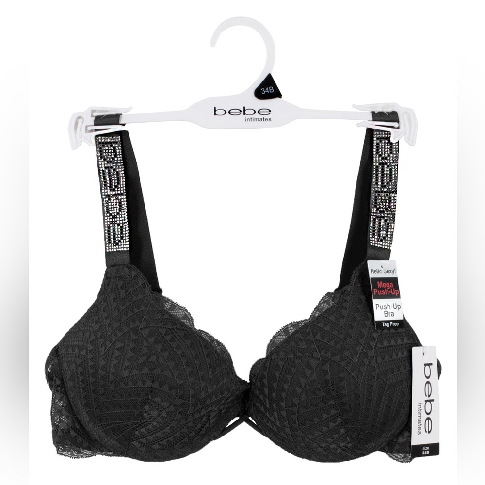NWT bebe MEGA Push Up Shine Rhinestone Strap Bra, 34B, 36C, Black